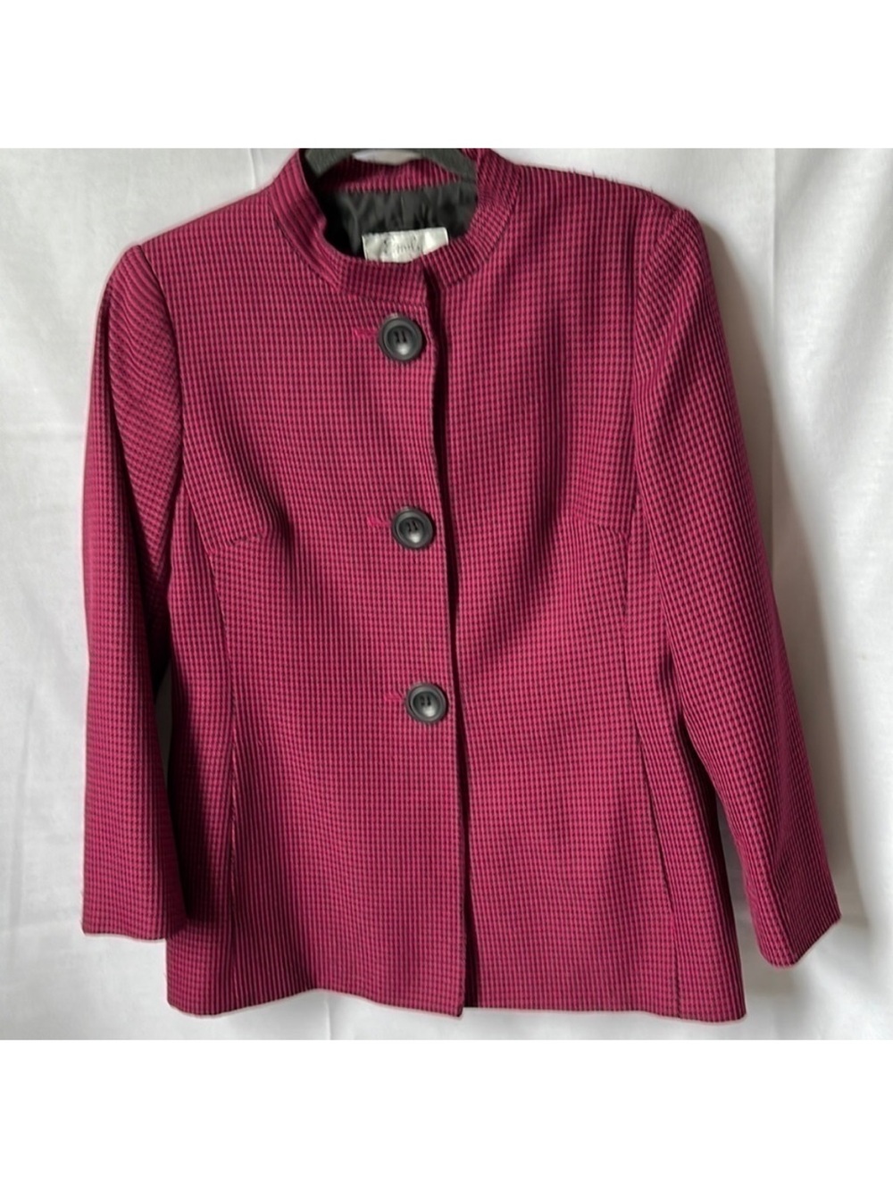 3 Piece Bundle Emily Burgundy Houndstooth Button Jacket with Black Top & Pants - Picture 4 of 9